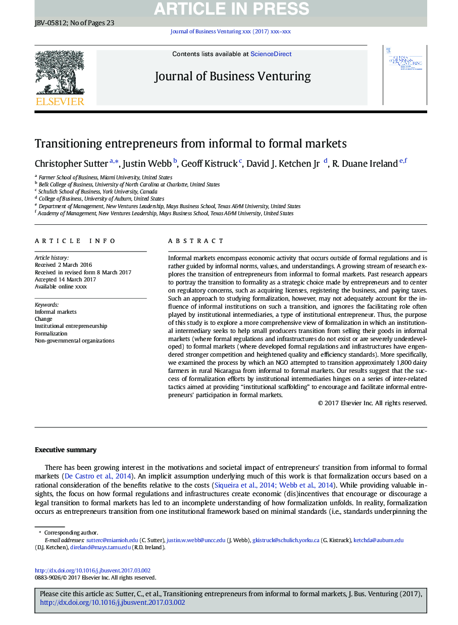 Transitioning entrepreneurs from informal to formal markets