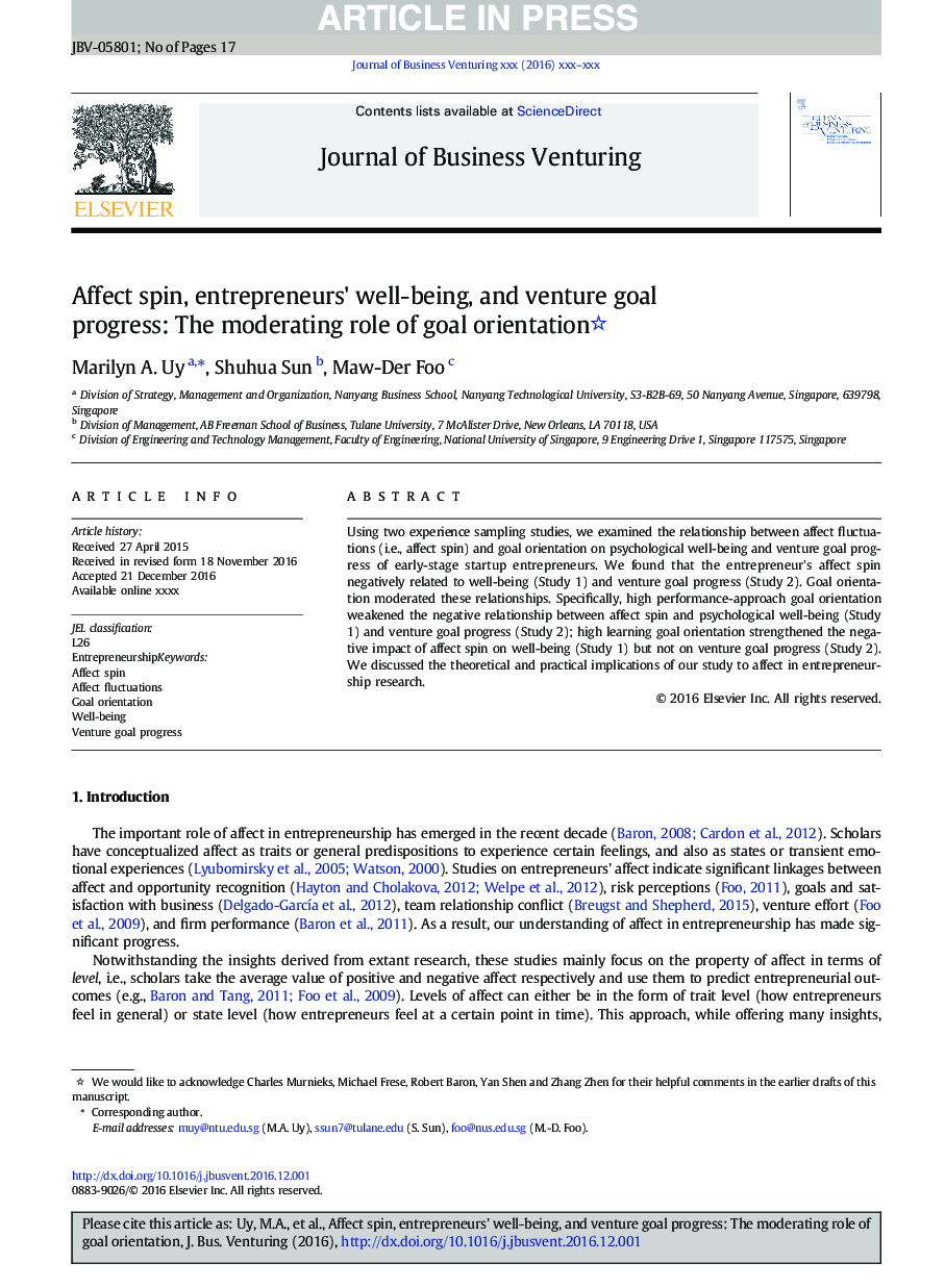 Affect spin, entrepreneurs' well-being, and venture goal progress: The moderating role of goal orientation