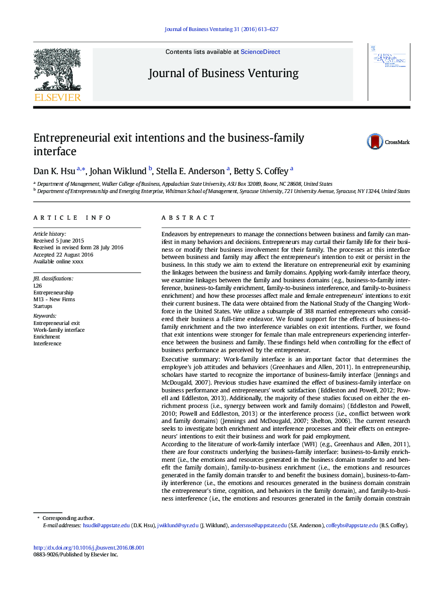 Entrepreneurial exit intentions and the business-family interface