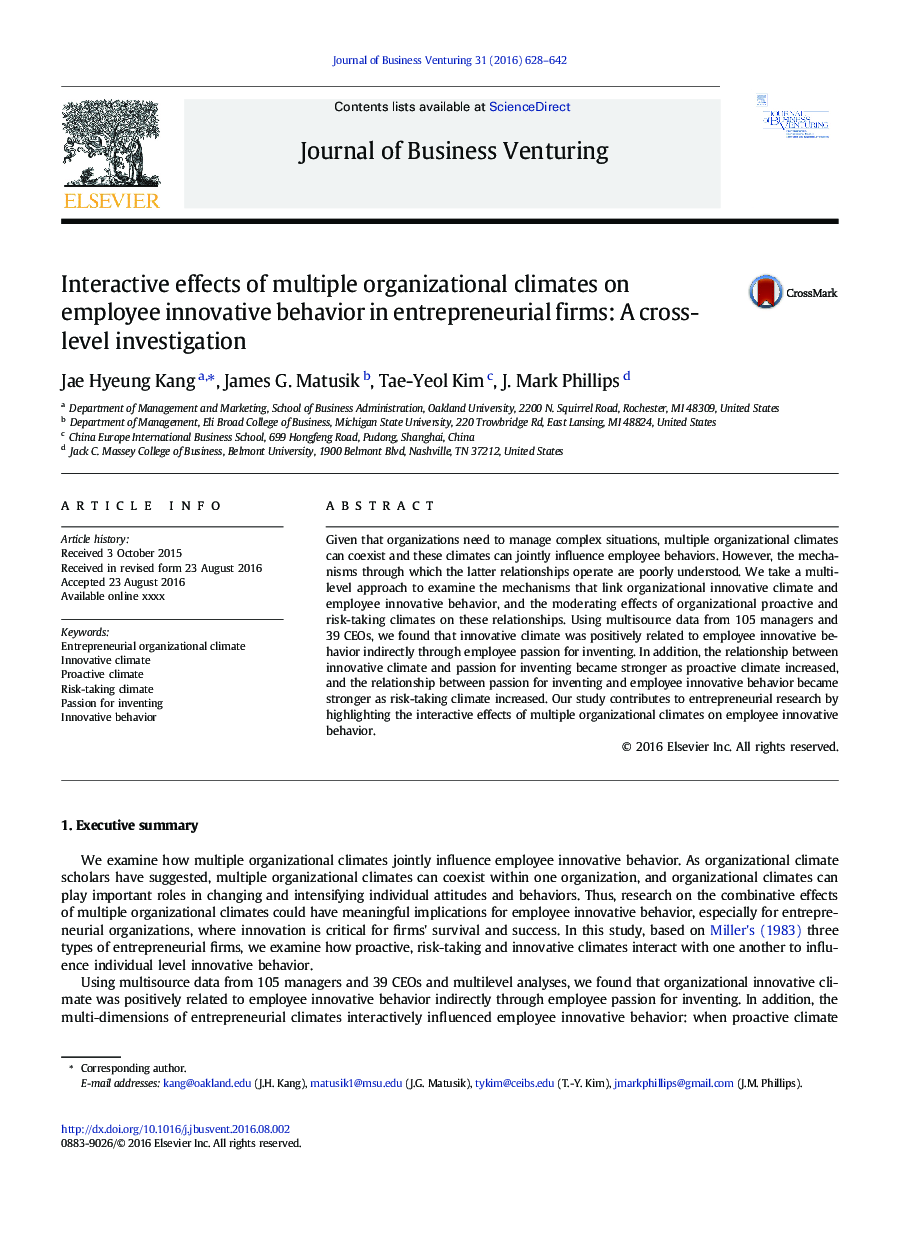Interactive effects of multiple organizational climates on employee innovative behavior in entrepreneurial firms: A cross-level investigation
