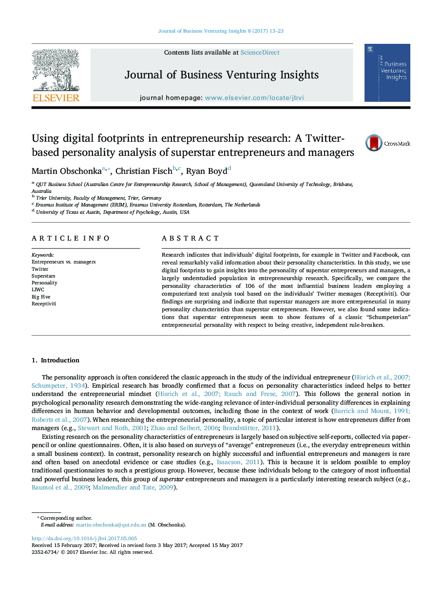 Using digital footprints in entrepreneurship research: A Twitter-based personality analysis of superstar entrepreneurs and managers