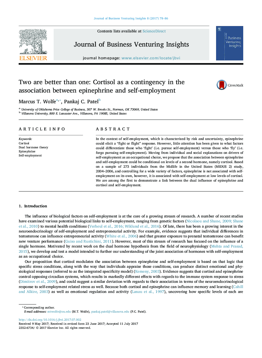 Two are better than one: Cortisol as a contingency in the association between epinephrine and self-employment