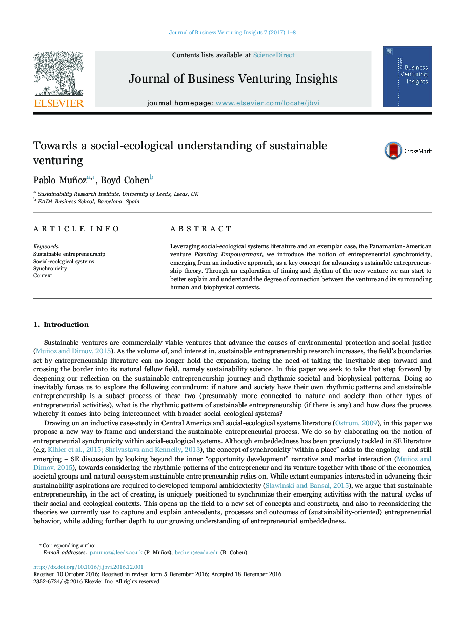 Towards a social-ecological understanding of sustainable venturing