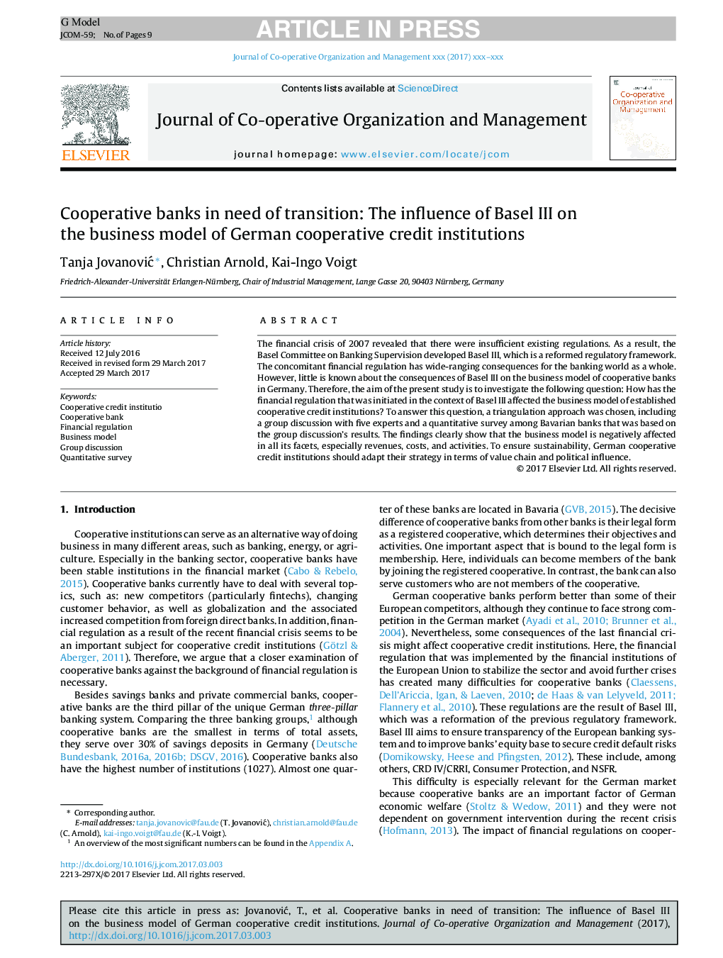 Cooperative banks in need of transition: The influence of Basel III on the business model of German cooperative credit institutions