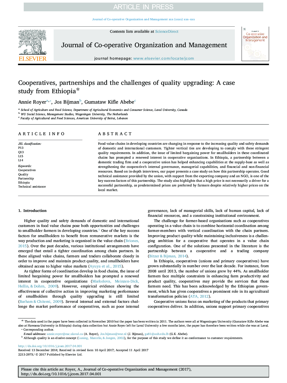 Cooperatives, partnerships and the challenges of quality upgrading: A case study from Ethiopia