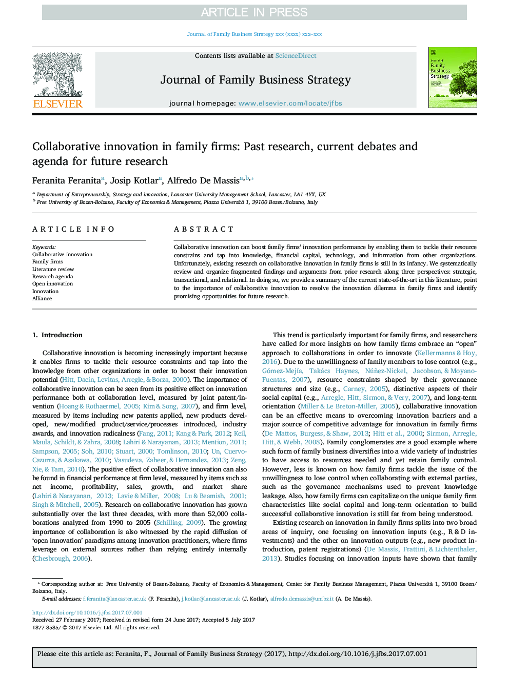 Collaborative innovation in family firms: Past research, current debates and agenda for future research