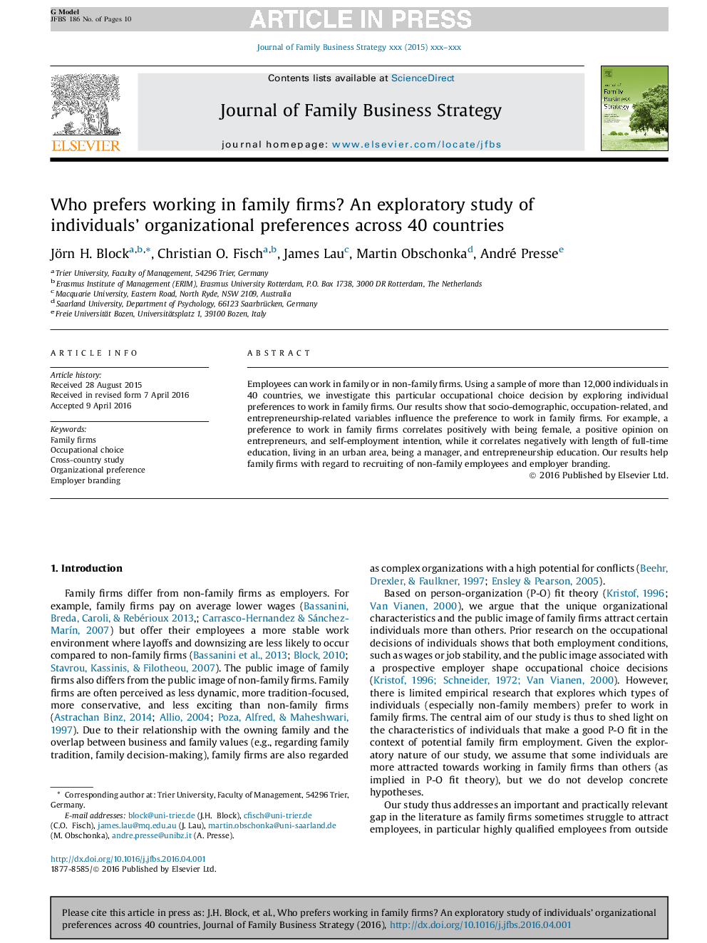 Who prefers working in family firms? An exploratory study of individuals' organizational preferences across 40 countries