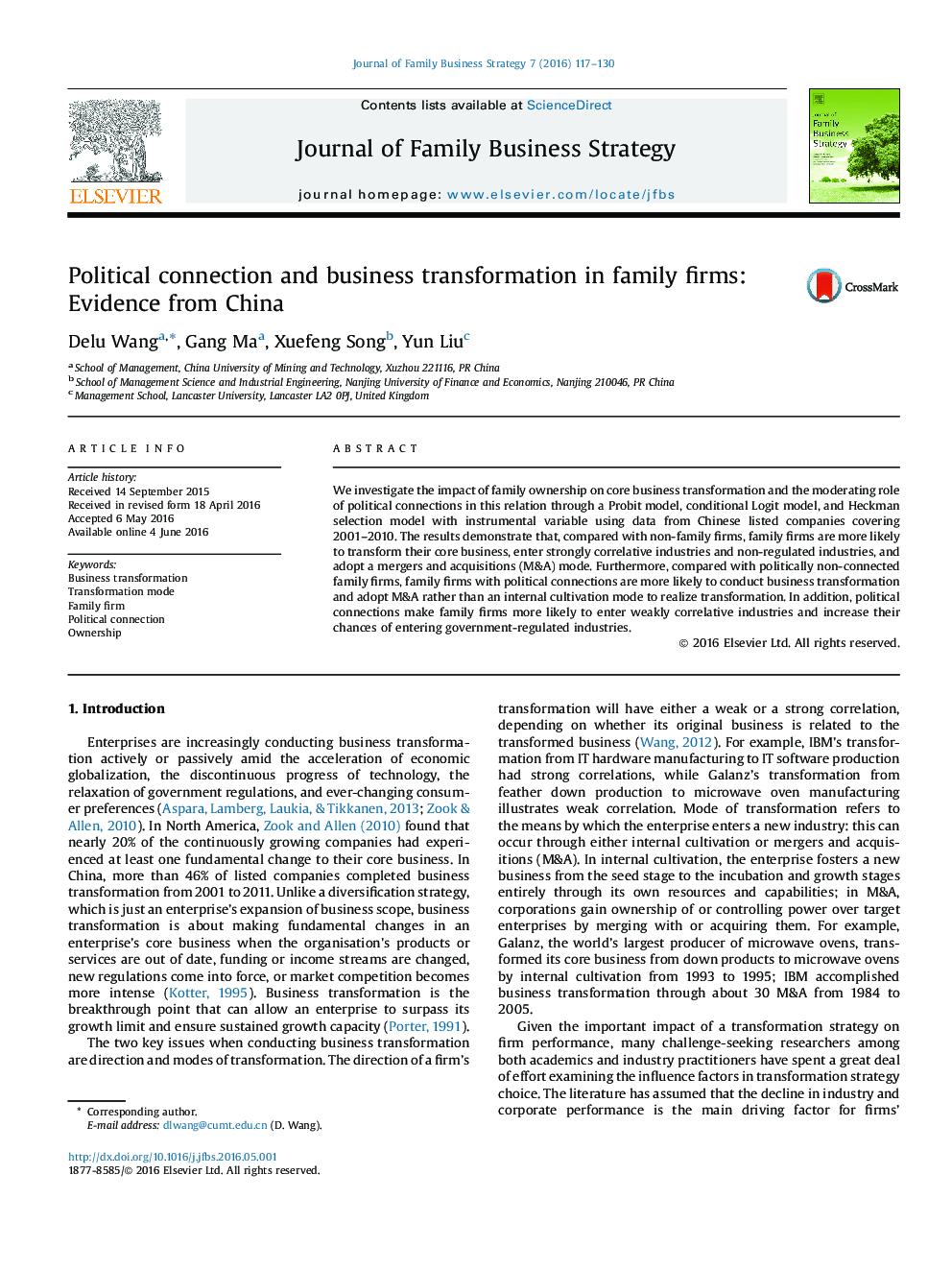 Political connection and business transformation in family firms: Evidence from China