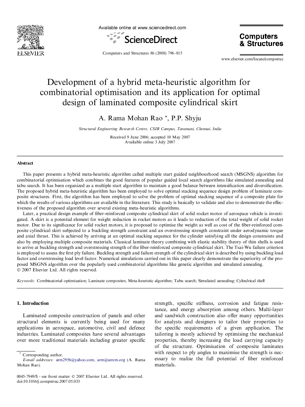 Development of a hybrid meta-heuristic algorithm for combinatorial optimisation and its application for optimal design of laminated composite cylindrical skirt