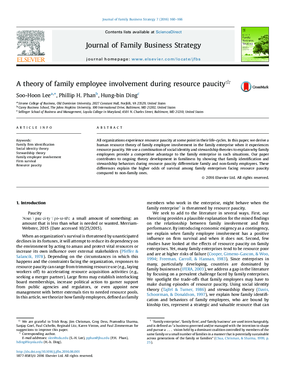 A theory of family employee involvement during resource paucity