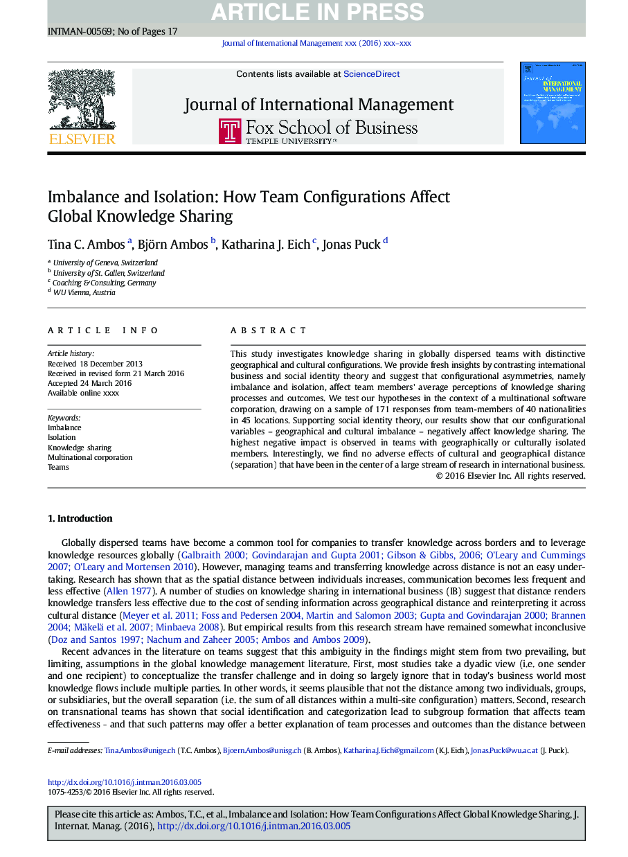 Imbalance and Isolation: How Team Configurations Affect Global Knowledge Sharing