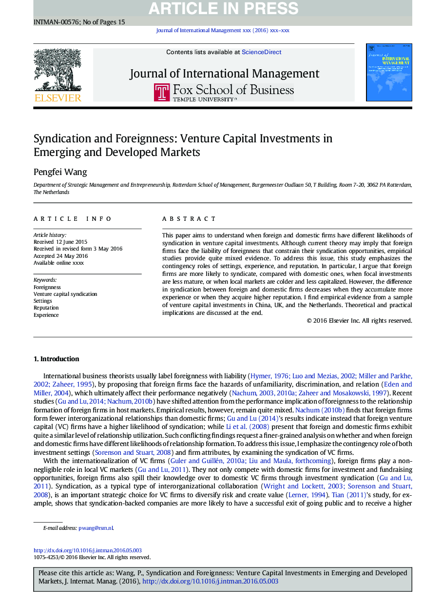 Syndication and Foreignness: Venture Capital Investments in Emerging and Developed Markets
