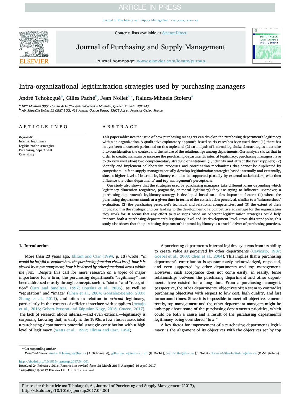 Intra-organizational legitimization strategies used by purchasing managers