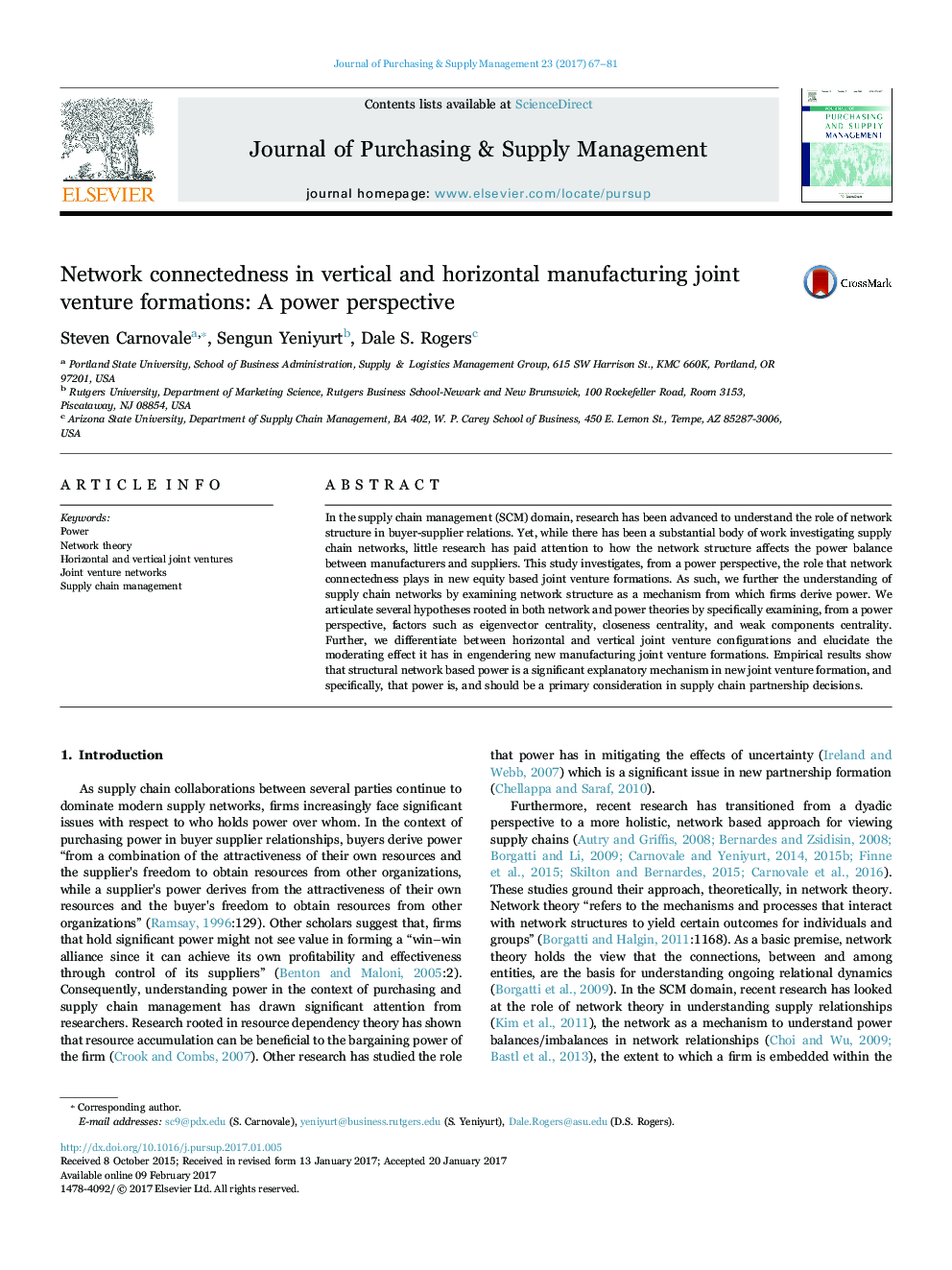 Network connectedness in vertical and horizontal manufacturing joint venture formations: A power perspective
