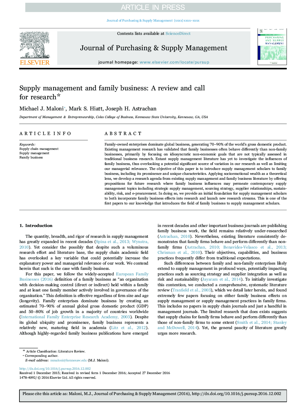 Supply management and family business: A review and call for research