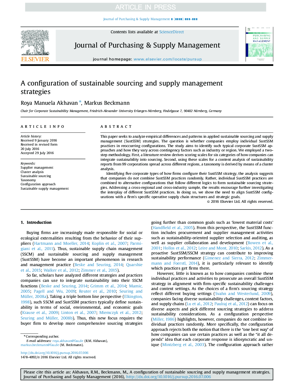 A configuration of sustainable sourcing and supply management strategies
