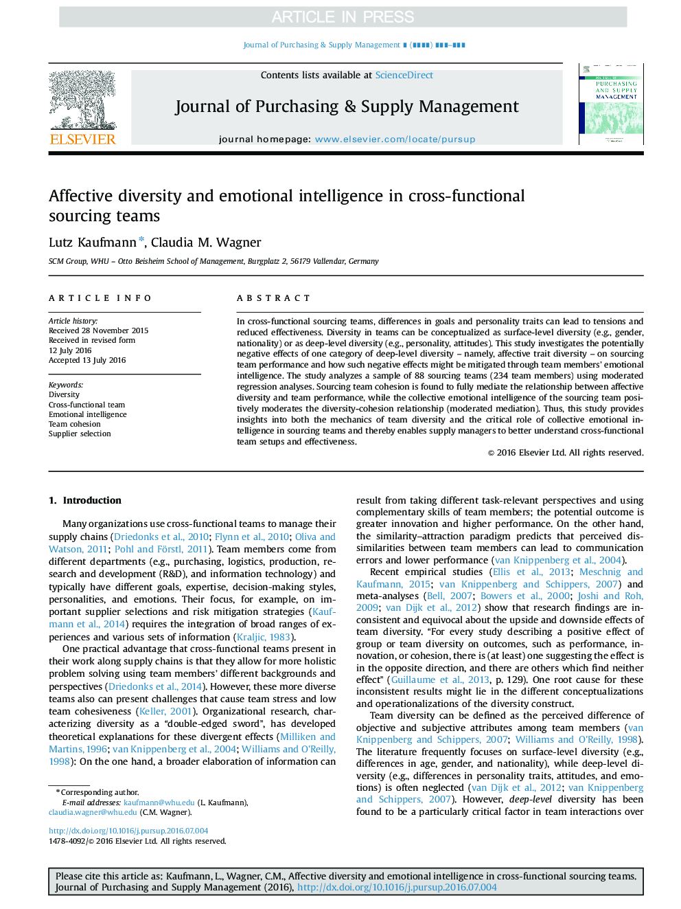 Affective diversity and emotional intelligence in cross-functional sourcing teams