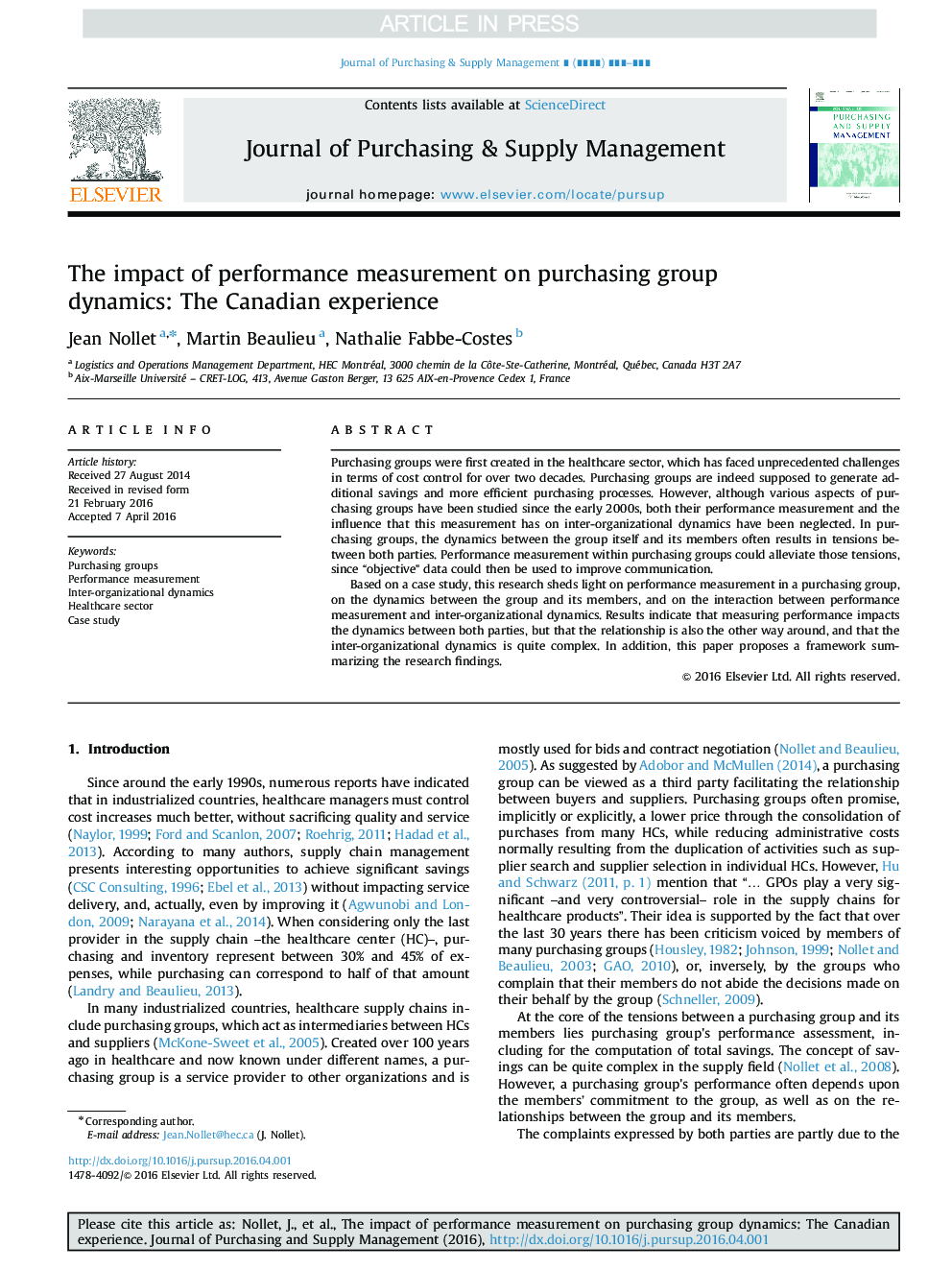 The impact of performance measurement on purchasing group dynamics: The Canadian experience