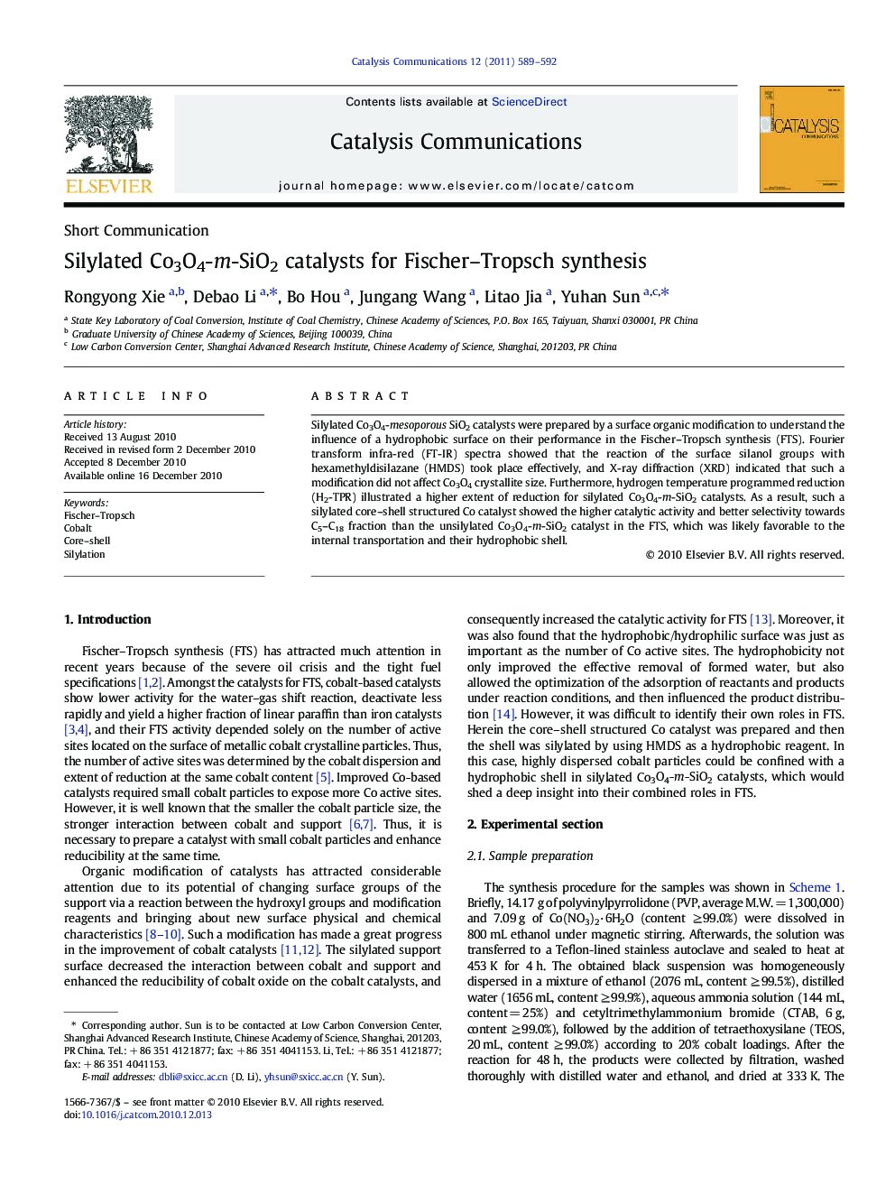 Silylated Co3O4-m-SiO2 catalysts for Fischer–Tropsch synthesis