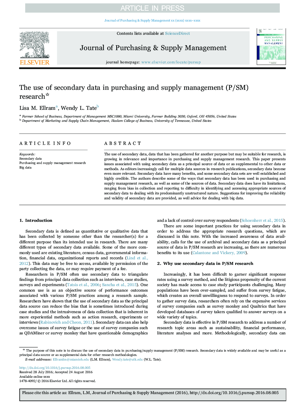 The use of secondary data in purchasing and supply management (P/SM) research