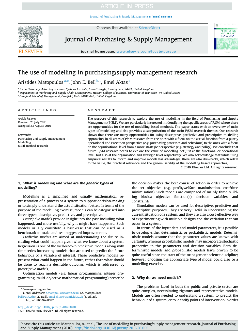 The use of modelling in purchasing/supply management research