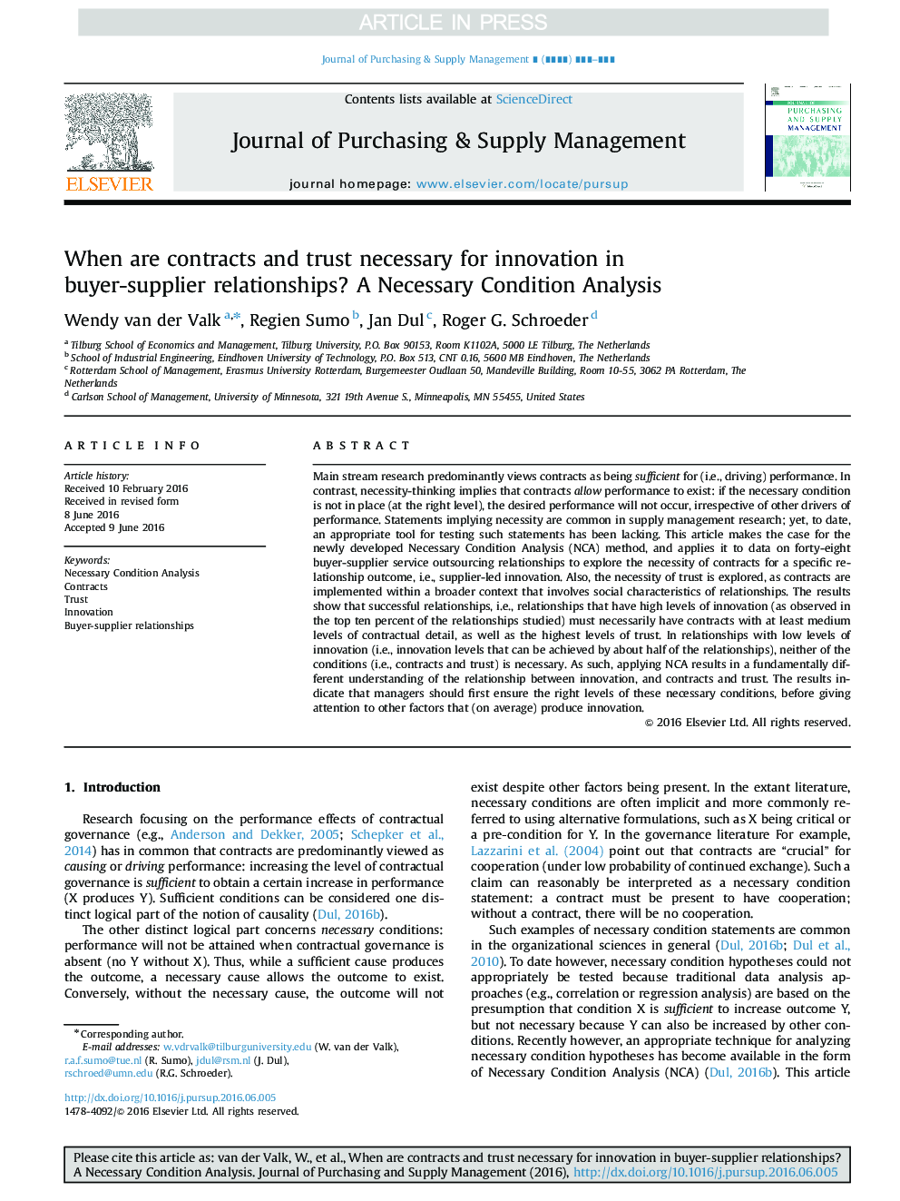 When are contracts and trust necessary for innovation in buyer-supplier relationships? A Necessary Condition Analysis