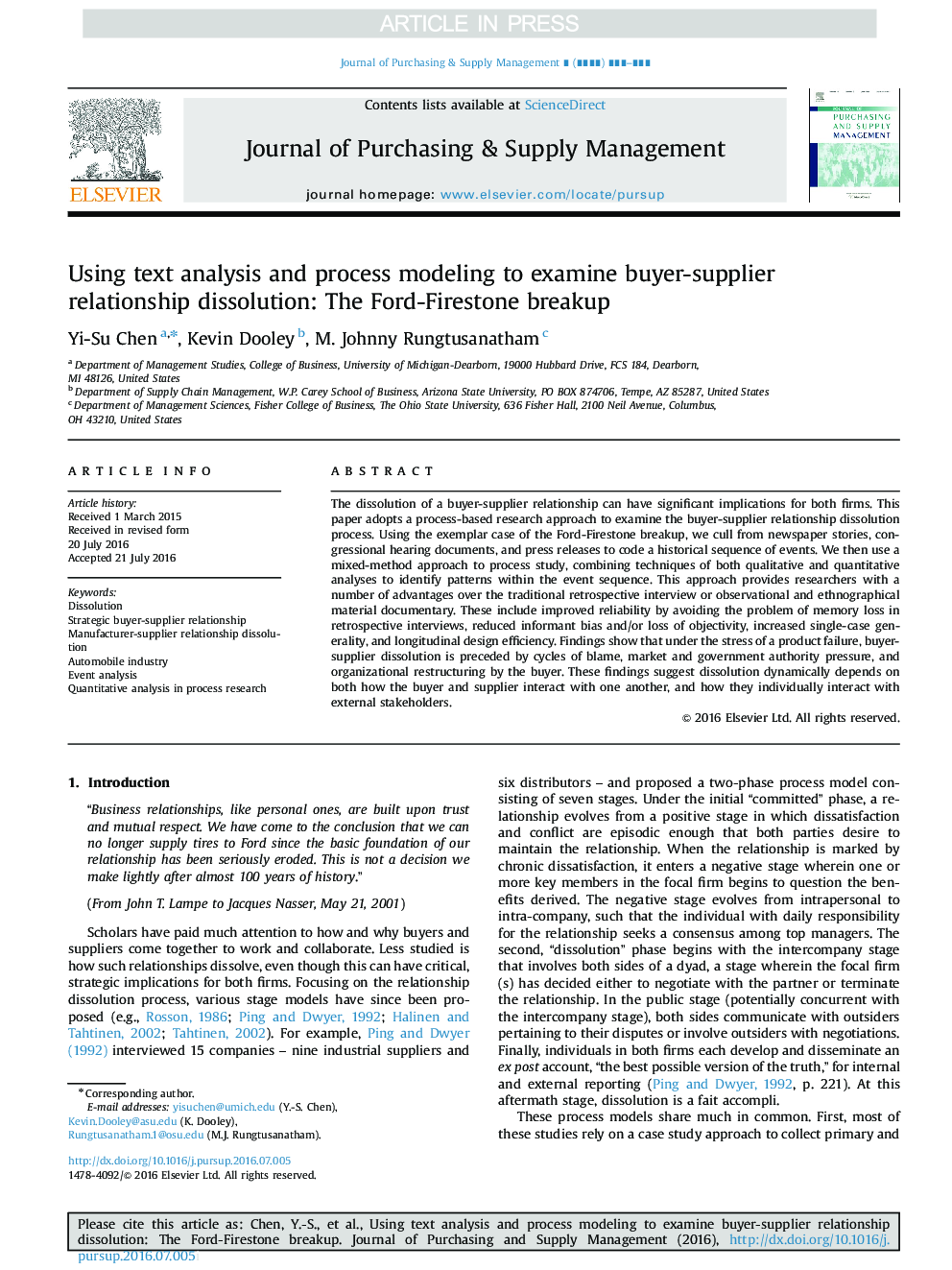 Using text analysis and process modeling to examine buyer-supplier relationship dissolution: The Ford-Firestone breakup