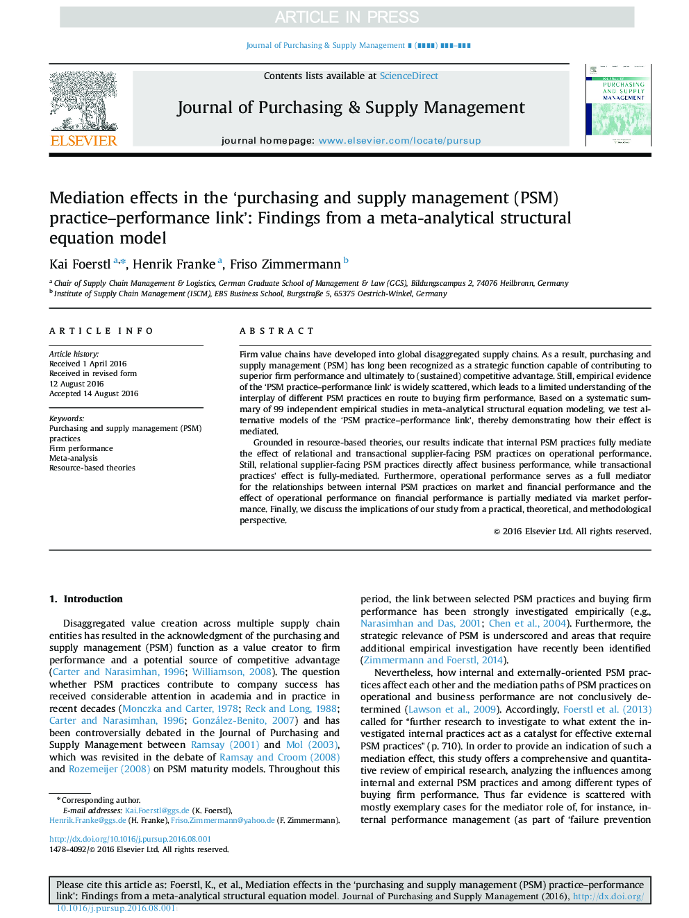 Mediation effects in the 'purchasing and supply management (PSM) practice-performance link': Findings from a meta-analytical structural equation model