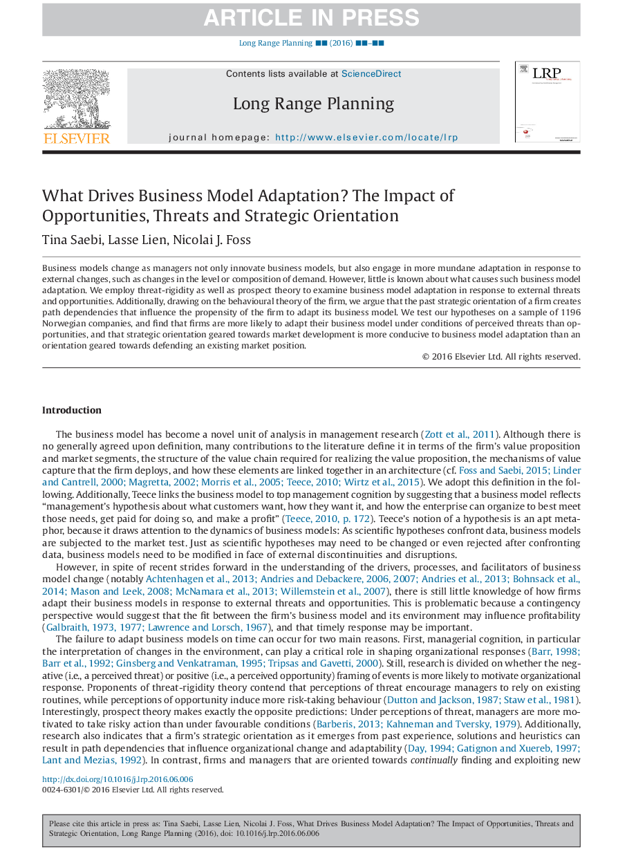 What Drives Business Model Adaptation? The Impact of Opportunities, Threats and Strategic Orientation