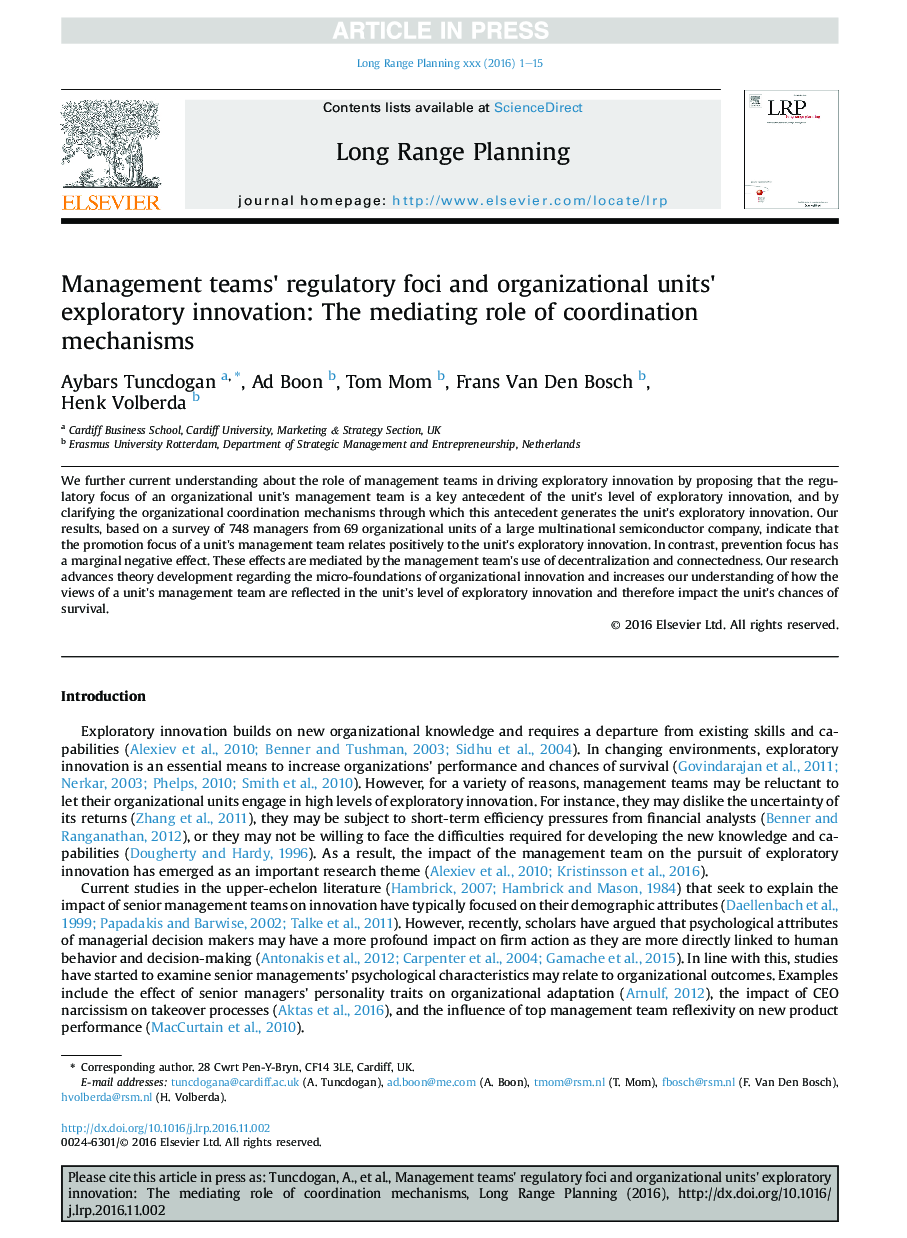 Management teams' regulatory foci and organizational units' exploratory innovation: The mediating role of coordination mechanisms