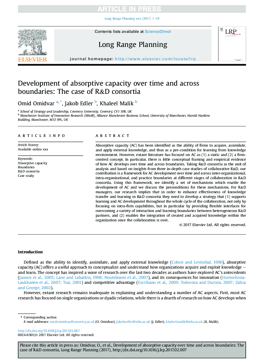 Development of absorptive capacity over time and across boundaries: The case of R&D consortia