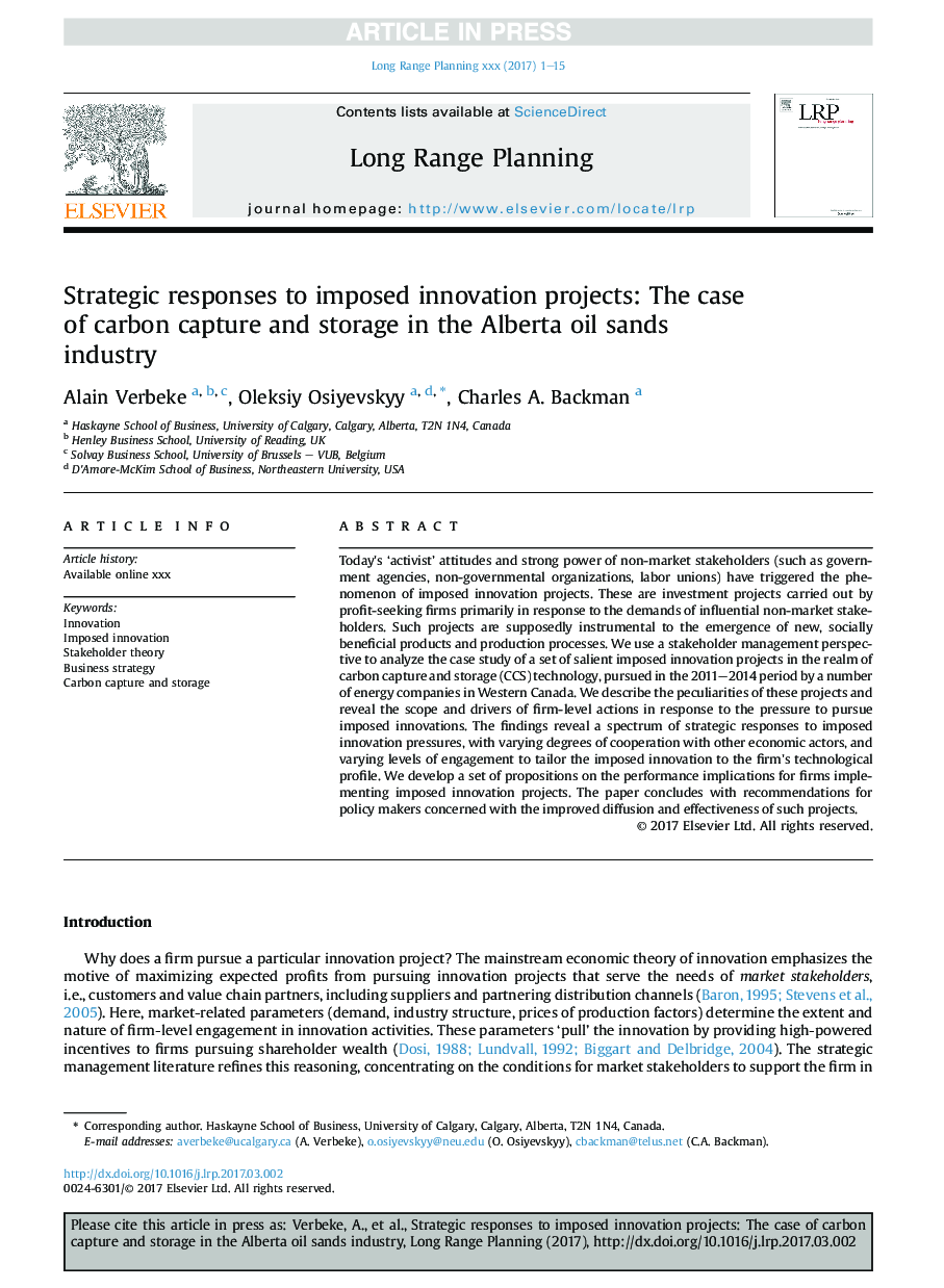 Strategic responses to imposed innovation projects: The case of carbon capture and storage in the Alberta oil sands industry