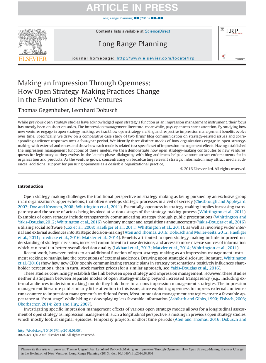 Making an Impression Through Openness: How Open Strategy-Making Practices Change in the Evolution of New Ventures