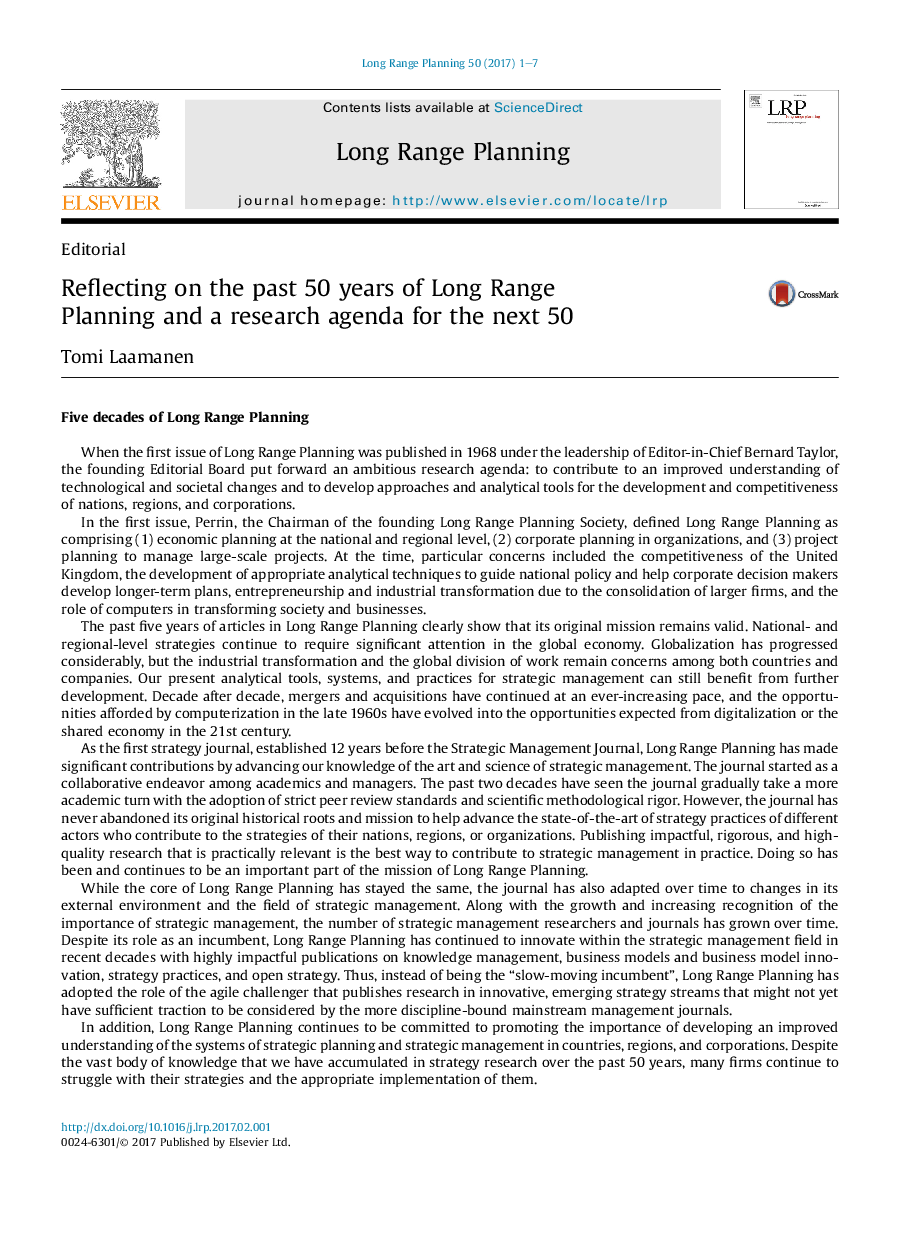 Reflecting on the past 50 years of Long Range Planning and a research agenda for the next 50