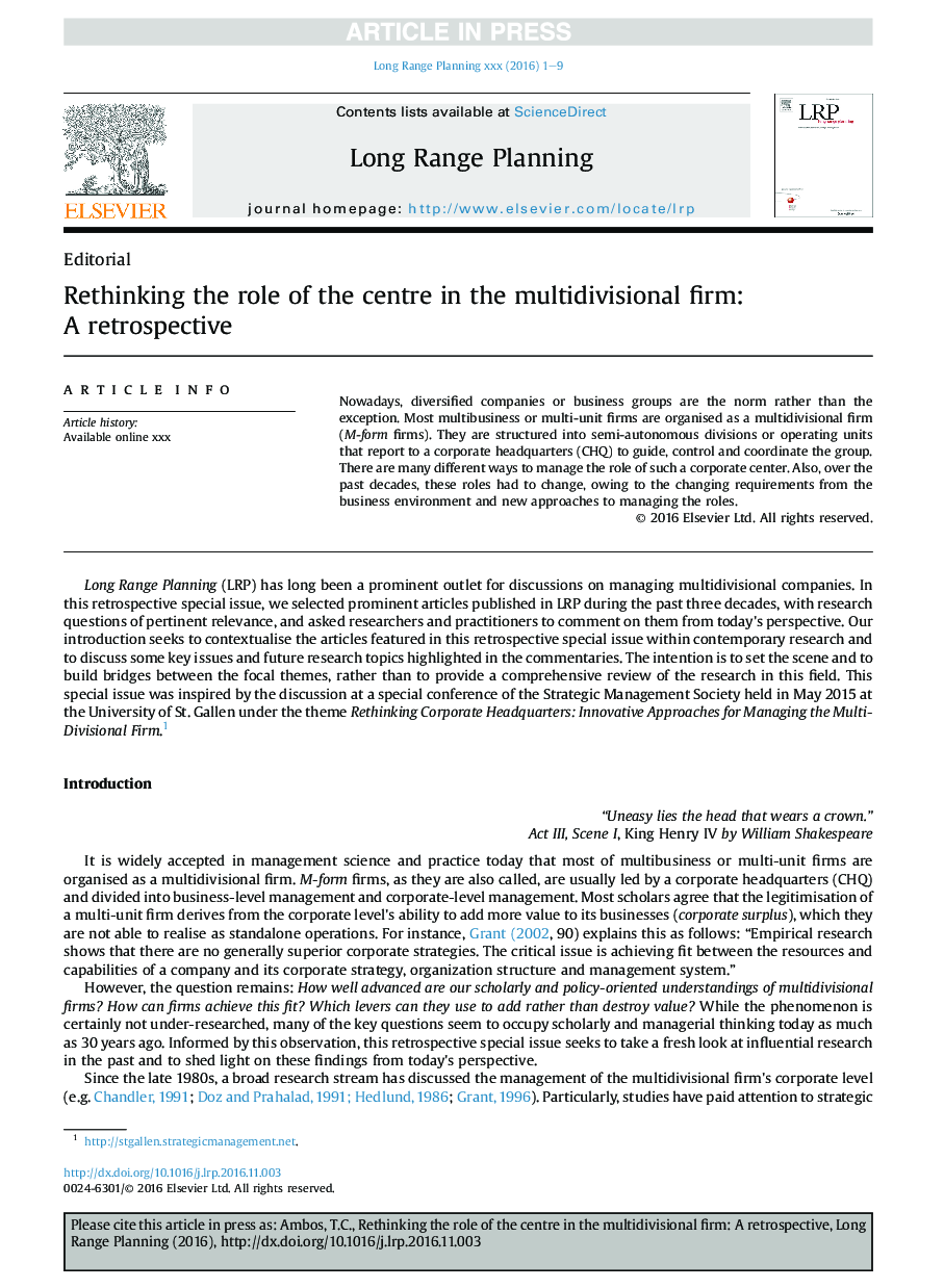 Rethinking the role of the centre in the multidivisional firm: A retrospective