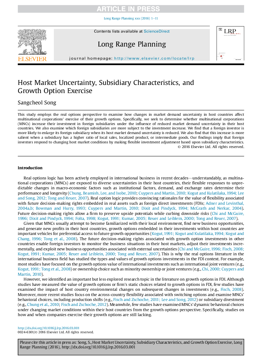 Host Market Uncertainty, Subsidiary Characteristics, and Growth Option Exercise