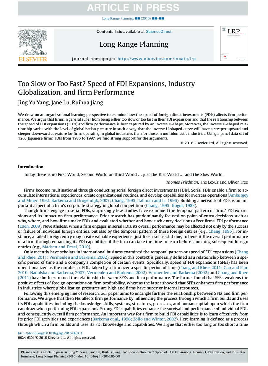 Too Slow or Too Fast? Speed of FDI Expansions, Industry Globalization, and Firm Performance