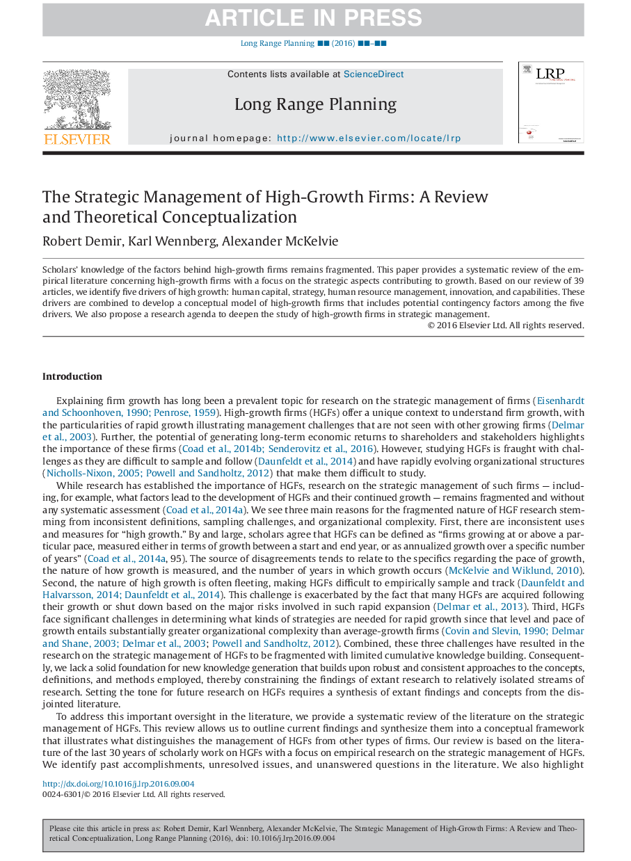 The Strategic Management of High-Growth Firms: A Review and Theoretical Conceptualization