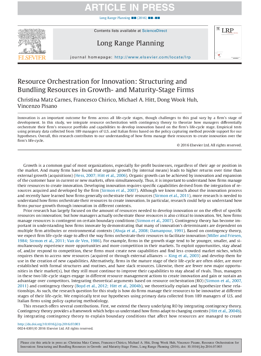 Resource Orchestration for Innovation: Structuring and Bundling Resources in Growth- and Maturity-Stage Firms