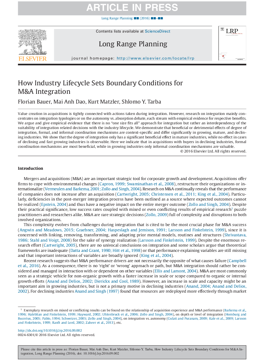 How Industry Lifecycle Sets Boundary Conditions for M&AÂ Integration