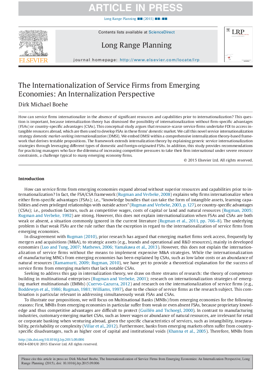 The Internationalization of Service Firms from Emerging Economies: An Internalization Perspective