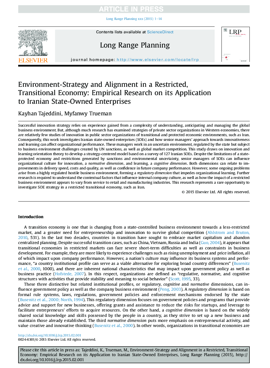 Environment-Strategy and Alignment in a Restricted, Transitional Economy: Empirical Research on its Application to Iranian State-Owned Enterprises