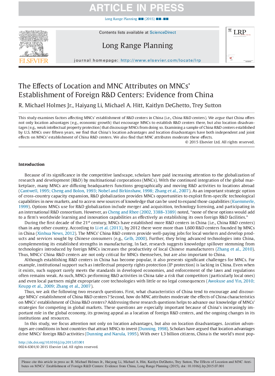 The Effects of Location and MNC Attributes on MNCs' Establishment of Foreign R&D Centers: Evidence from China