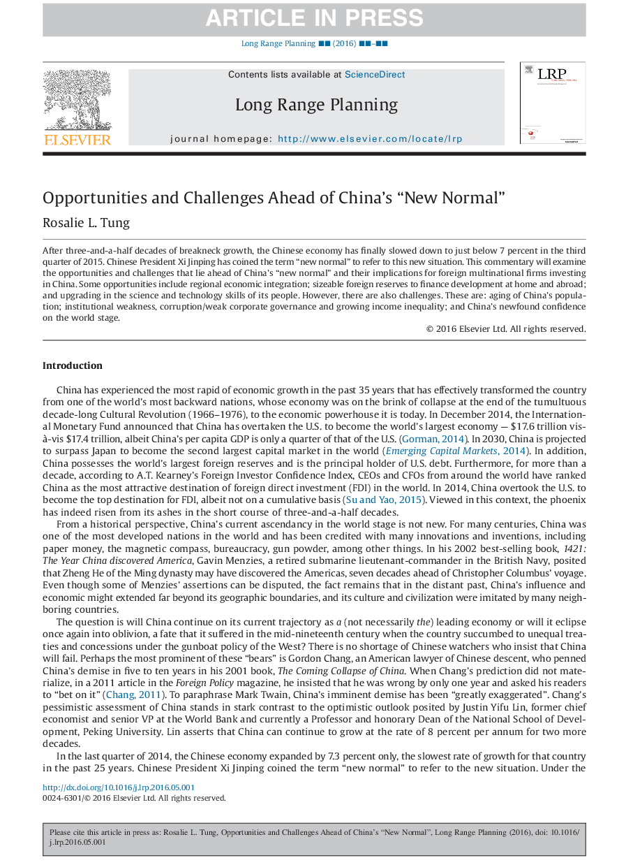 Opportunities and Challenges Ahead of China's “New Normal”