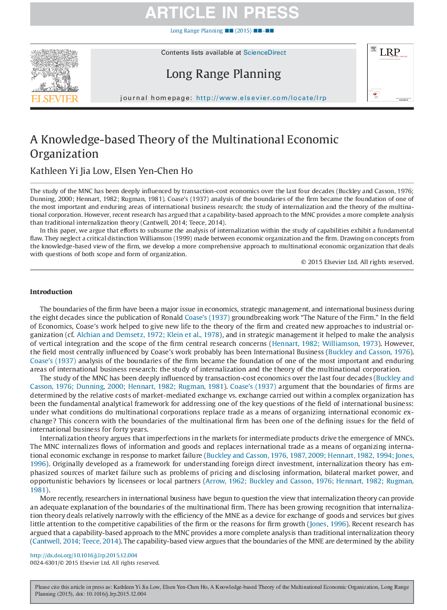 A Knowledge-based Theory of the Multinational Economic Organization