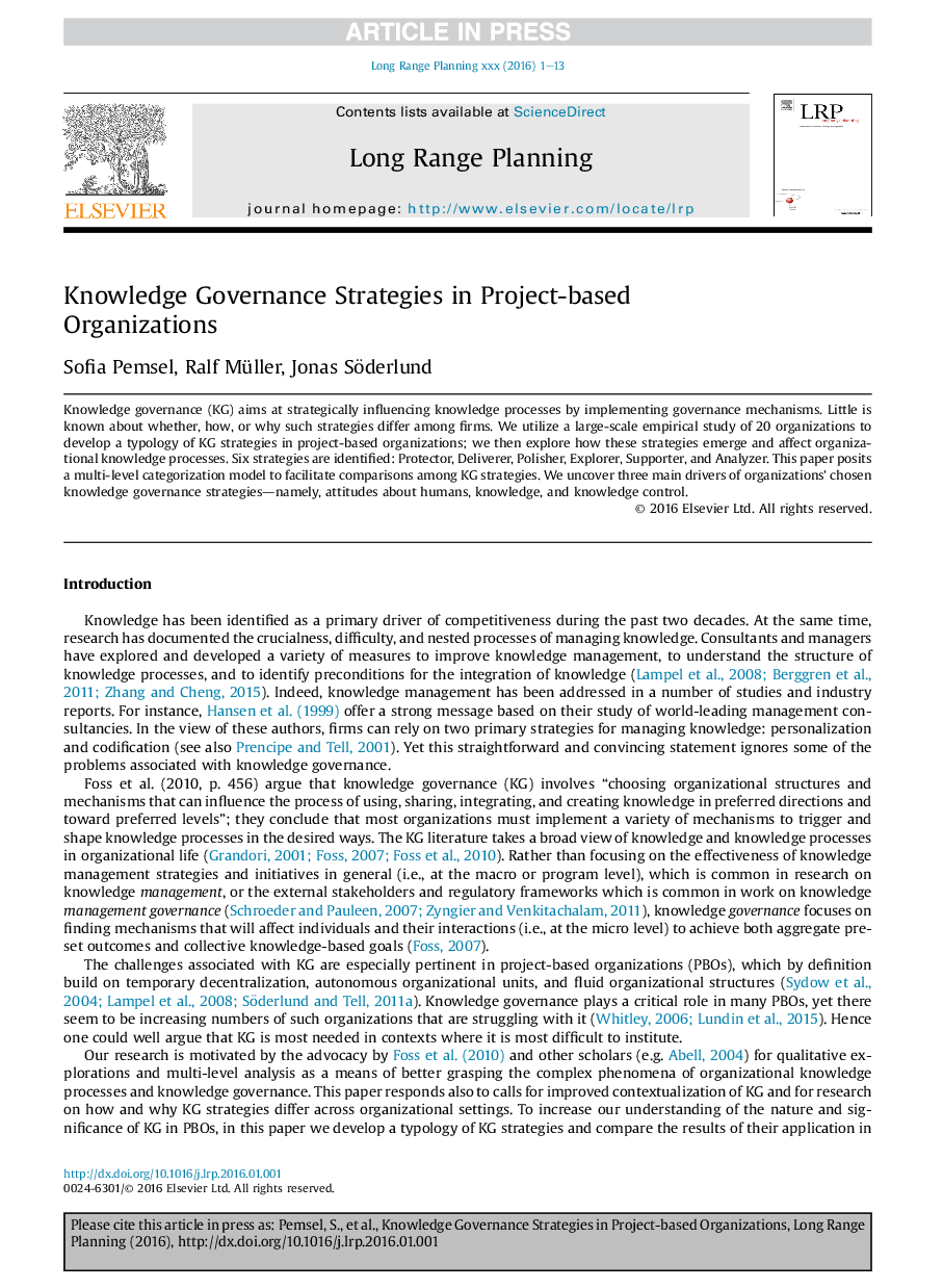 Knowledge Governance Strategies in Project-based Organizations