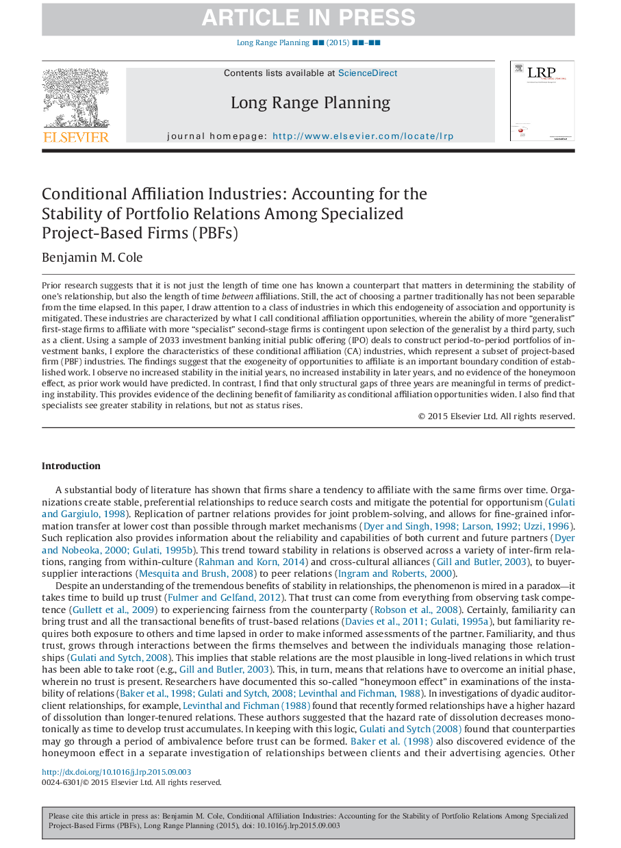 Conditional Affiliation Industries: Accounting for the Stability of Portfolio Relations Among Specialized Project-Based Firms (PBFs)