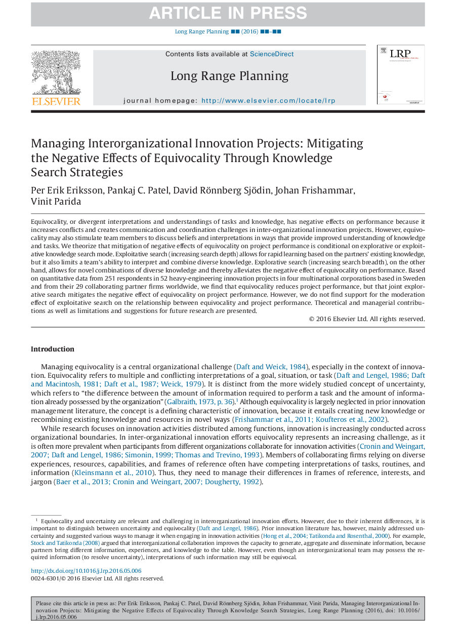 Managing Interorganizational Innovation Projects: Mitigating the Negative Effects of Equivocality Through Knowledge Search Strategies