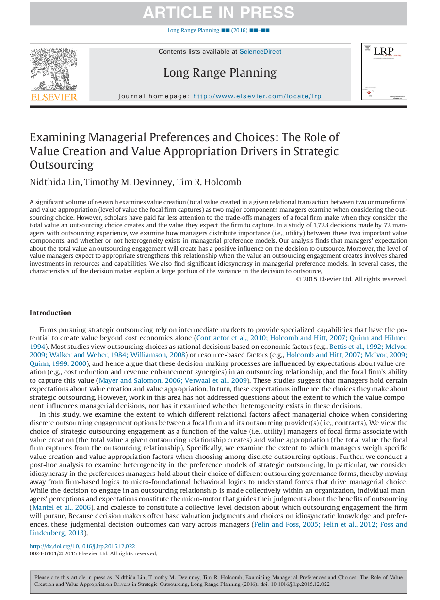 Examining Managerial Preferences and Choices: The Role of Value Creation and Value Appropriation Drivers in Strategic Outsourcing