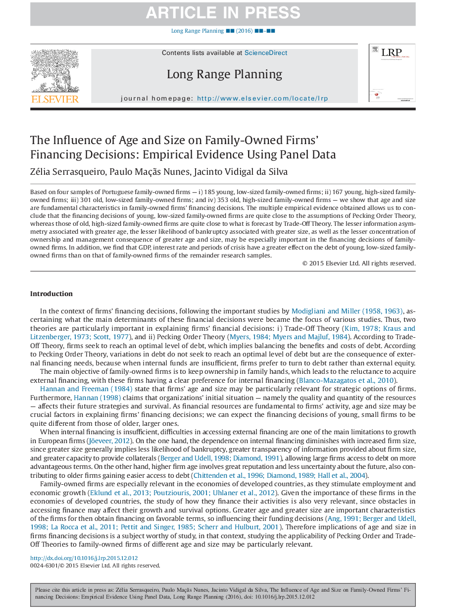 The Influence of Age and Size on Family-Owned Firms' Financing Decisions: Empirical Evidence Using Panel Data